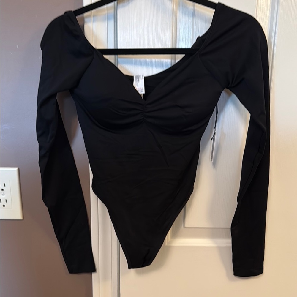 Seamless Black Long Sleeve Bodysuit with Built-In Bra and cups